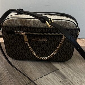 Michael Kors Black and Tan Crossbody Bag with Gold Accents